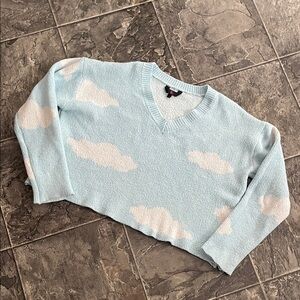 NOBO V-Neck Whimsical Cloud Print Light Blue & White Cropped Coastal Sweater